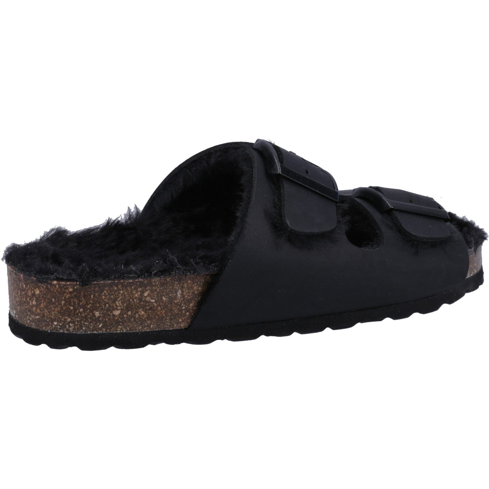 Hush Puppies JESSIE Ladies Slippers Black side view with faux fur lining and adjustable straps.
