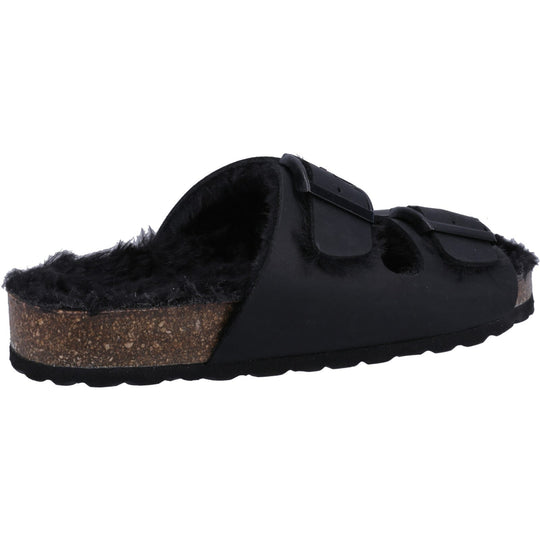 Hush Puppies JESSIE Ladies Slippers Black side view with faux fur lining and adjustable straps.