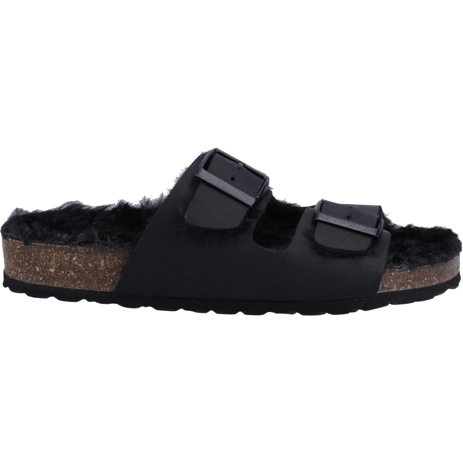 Hush Puppies JESSIE Ladies Slippers Black side view with faux fur lining and buckle straps.