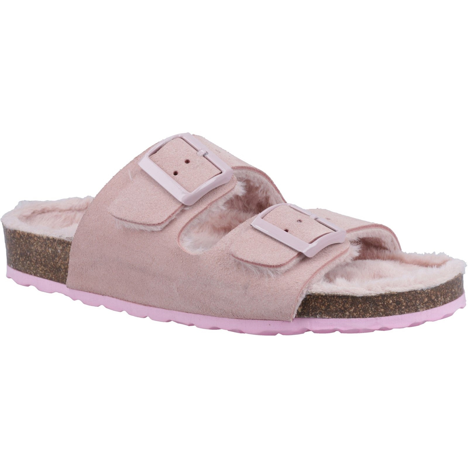 Hush Puppies JESSIE Ladies Slippers Light Pink side view featuring leather upper and faux fur lining.