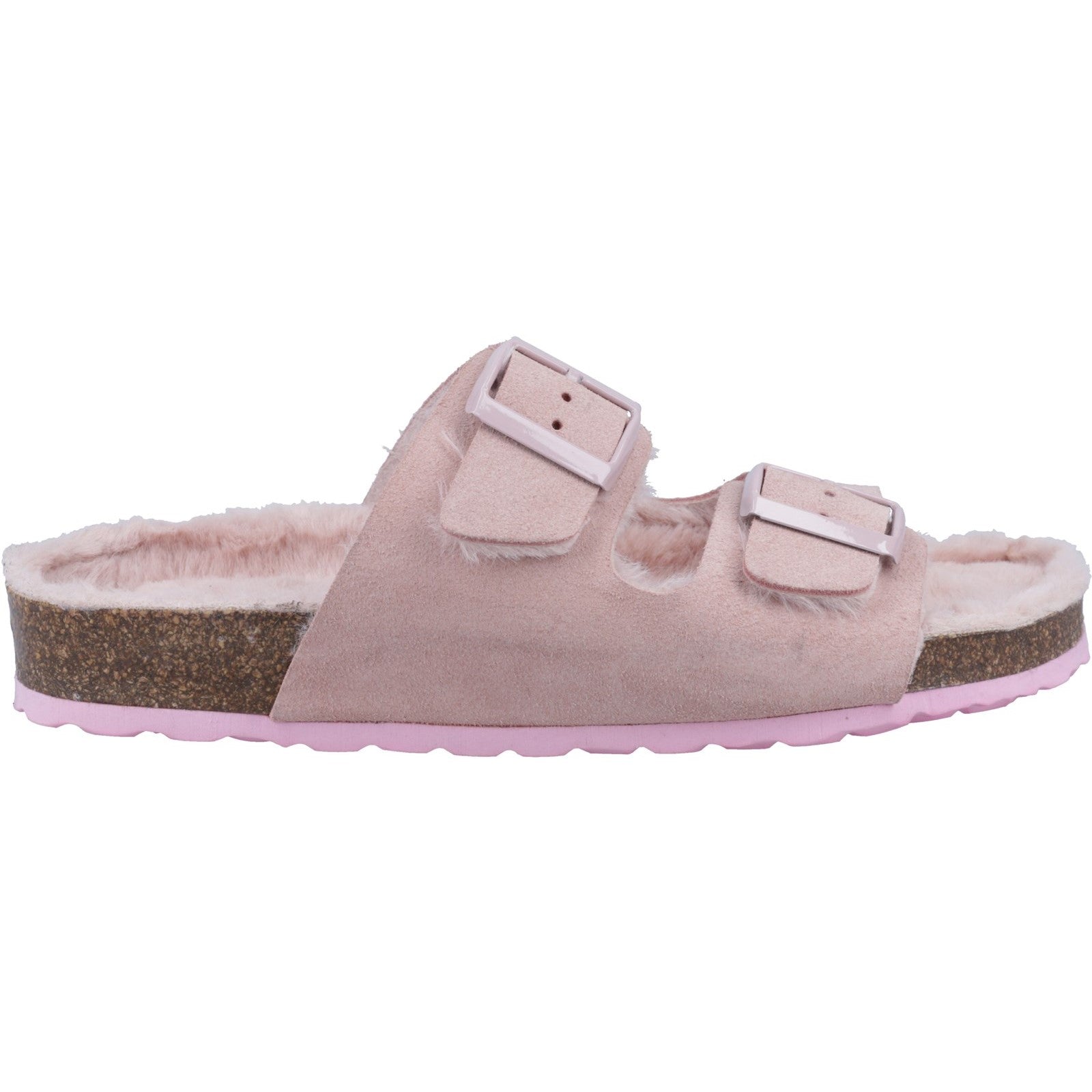 Hush Puppies JESSIE Ladies Slippers Light Pink side view showcasing leather upper and faux fur lining.
