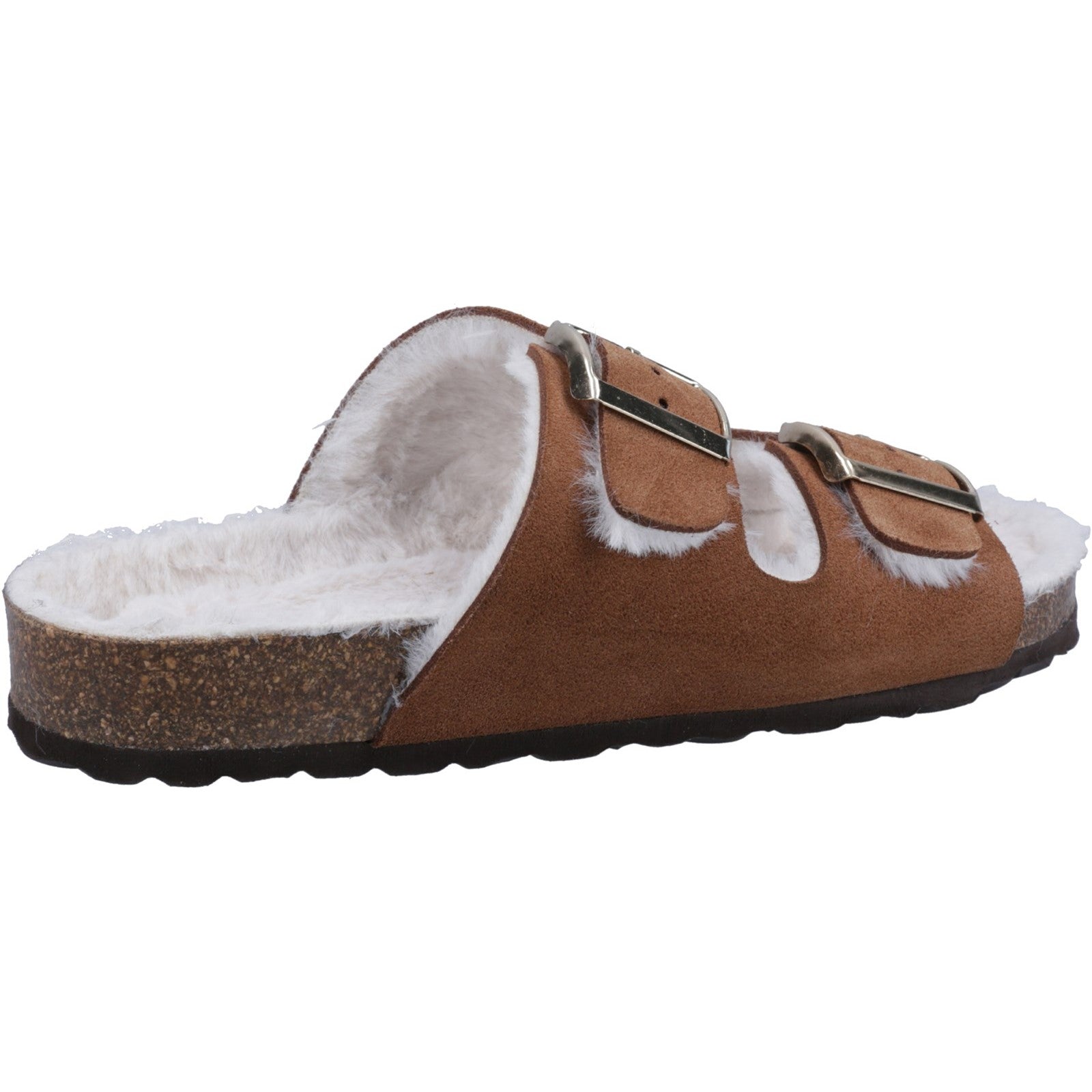 Hush Puppies JESSIE Ladies Slippers Tan side view, featuring leather upper, faux fur lining, and slip-on design.