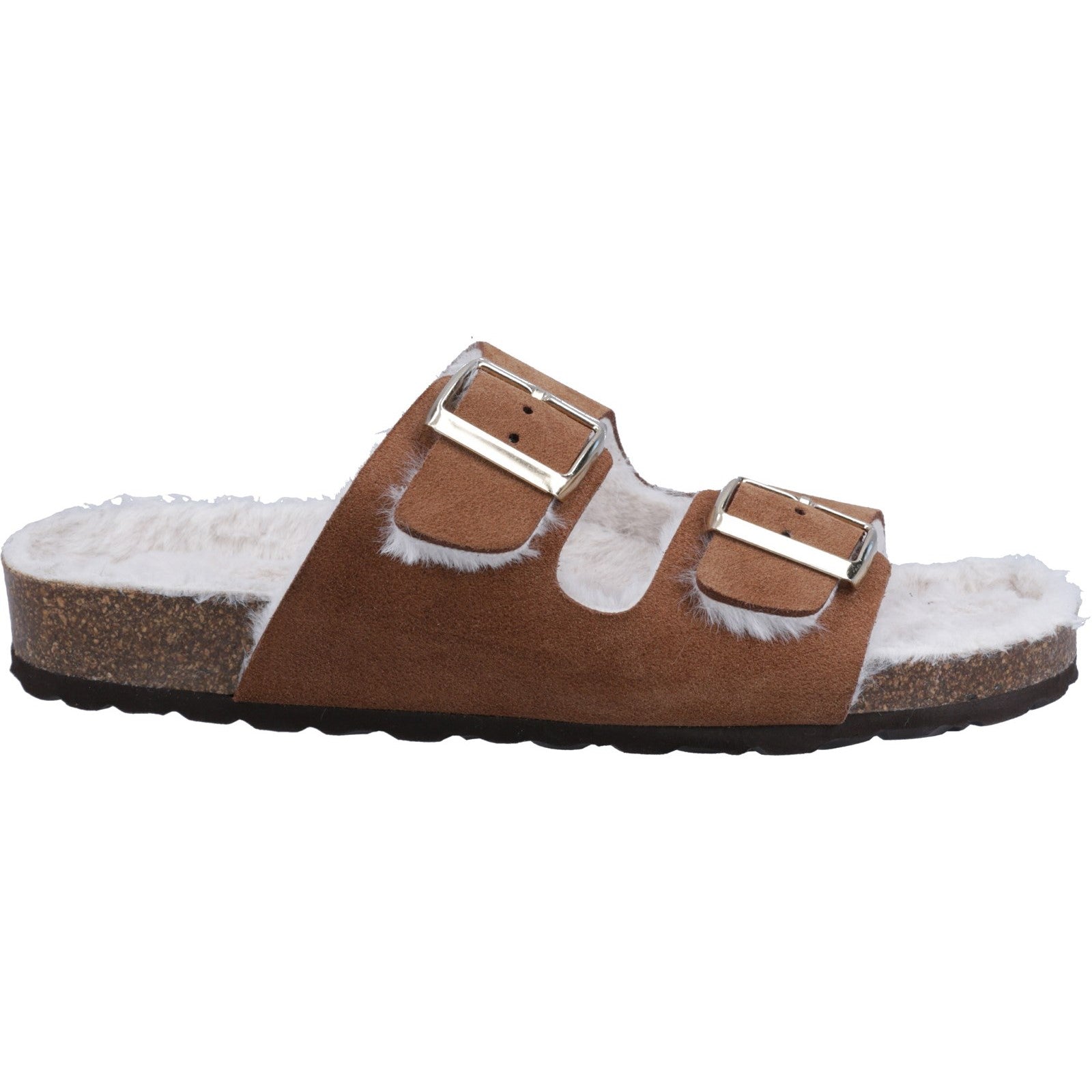 Hush Puppies JESSIE Ladies Slippers Tan side view showing leather upper, faux fur lining, and slip-on design.