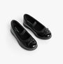 Hush Puppies BETTY PATENT JNR Girls Shoes Black top view showing two pairs with bows, ideal school shoes for comfort and style.