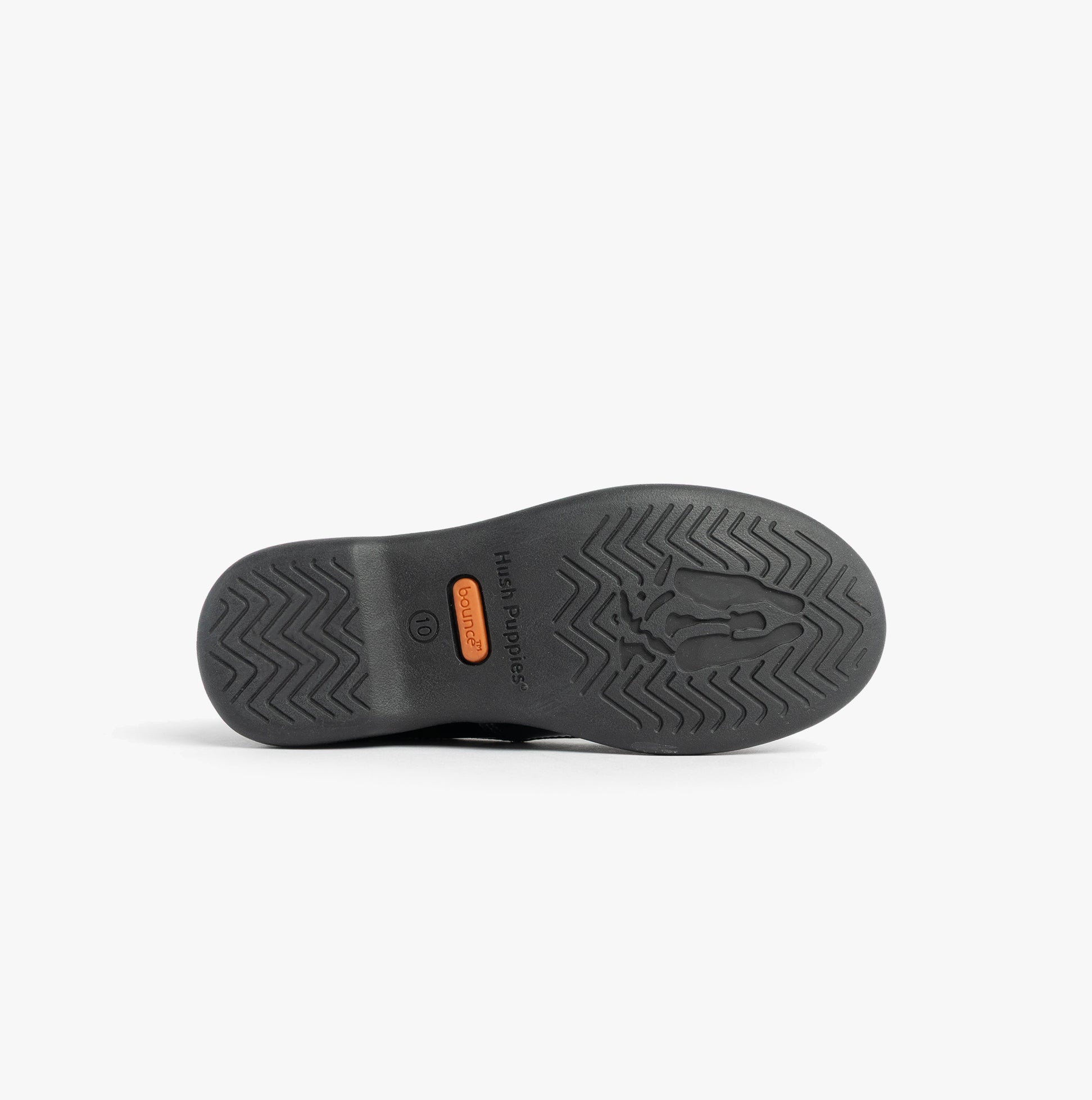 Hush Puppies BETTY PATENT JNR Girls Shoes Black bottom view, showcasing the TPR sole with textured pattern and brand logo.