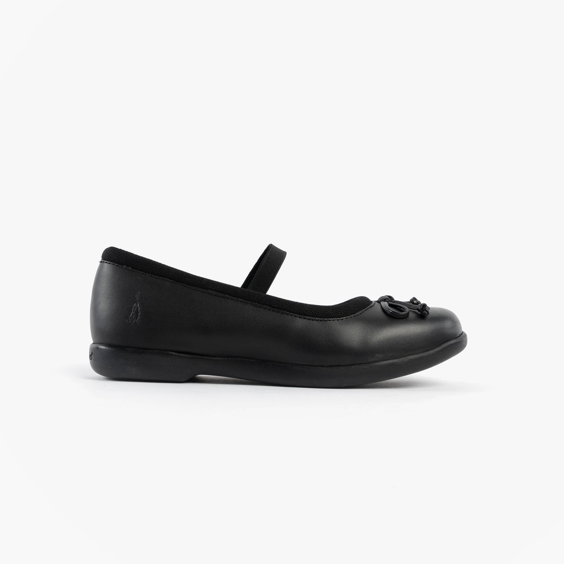 Hush Puppies BETTY JNR Girls Shoes Black side view, comfortable slip-on school shoes with round toe and bow detail.