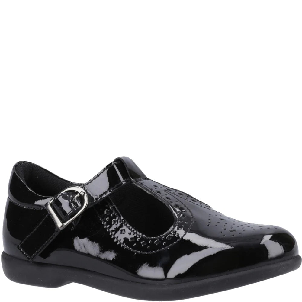 Hush Puppies BRITNEY PATENT Girls Shoes Black side view featuring patent leather and buckle closure.
