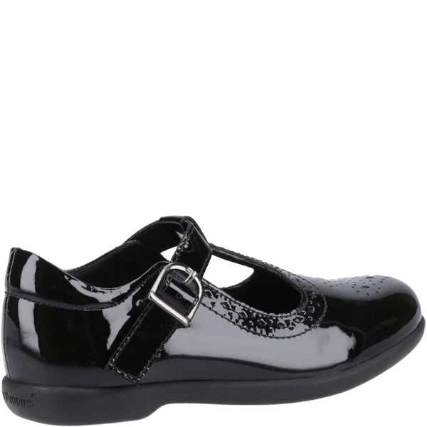 Hush Puppies BRITNEY PATENT Girls Shoes Black side view showing patent leather, round toe, and buckle closure.