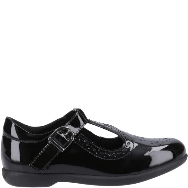 Hush Puppies BRITNEY PATENT Girls Shoes Black side view showcasing patent leather, buckle closure, and round toe design.
