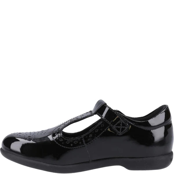 Hush Puppies BRITNEY PATENT Girls Shoes Black side view showcasing the patent leather and buckle design.