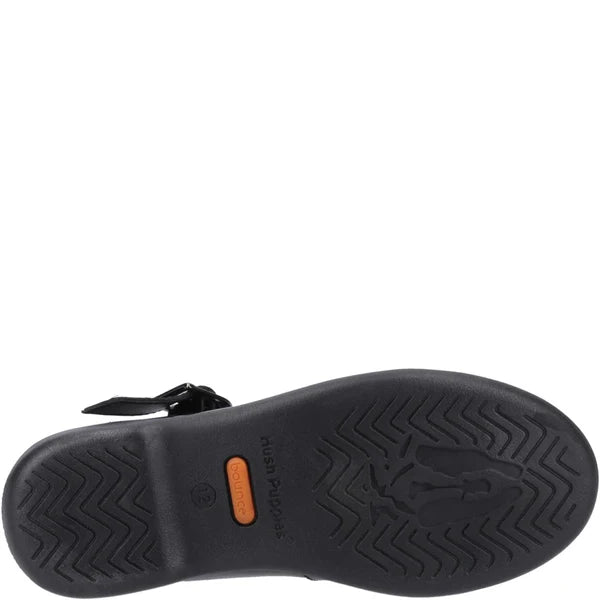Hush Puppies BRITNEY PATENT Girls Shoes Black bottom view showcasing rubber sole and buckle detail