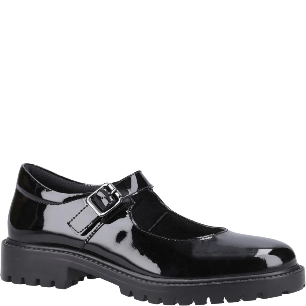 Hush Puppies AURORA Girls School Shoes Black Patent side view featuring buckle closure and round toe.