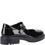 Hush Puppies AURORA Girls School Shoes Black Patent side view highlighting buckle and patent leather finish.