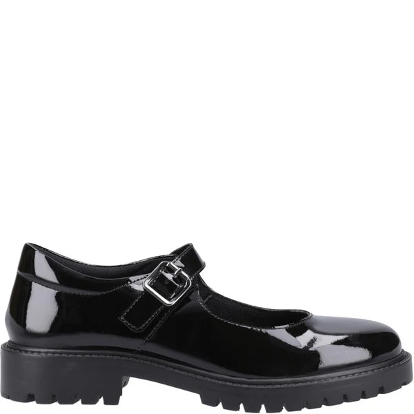 Hush Puppies AURORA Girls School Shoes Black Patent side view showcasing the glossy patent leather finish and buckle detail.