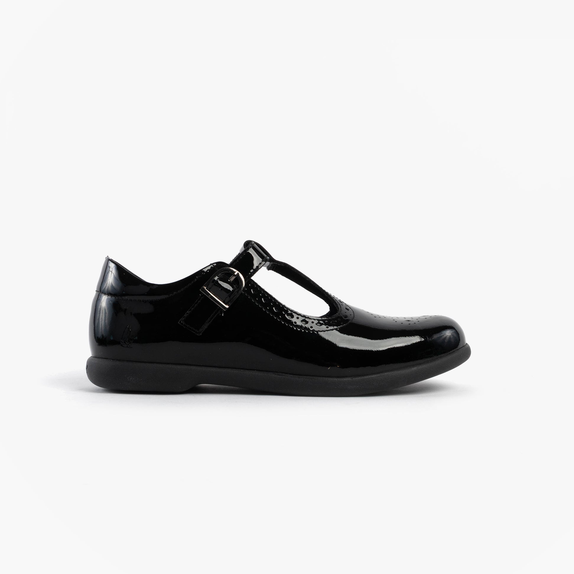 Hush Puppies BRITNEY PATENT Girls Shoes Black side view showing patent leather upper and buckle fastening.