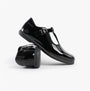 Hush Puppies BRITNEY PATENT Girls Shoes Black side view showcasing patent leather and buckle closure.