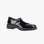 Hush Puppies AURORA Girls School Shoes Black Patent side view with buckle closure and glossy patent leather finish.