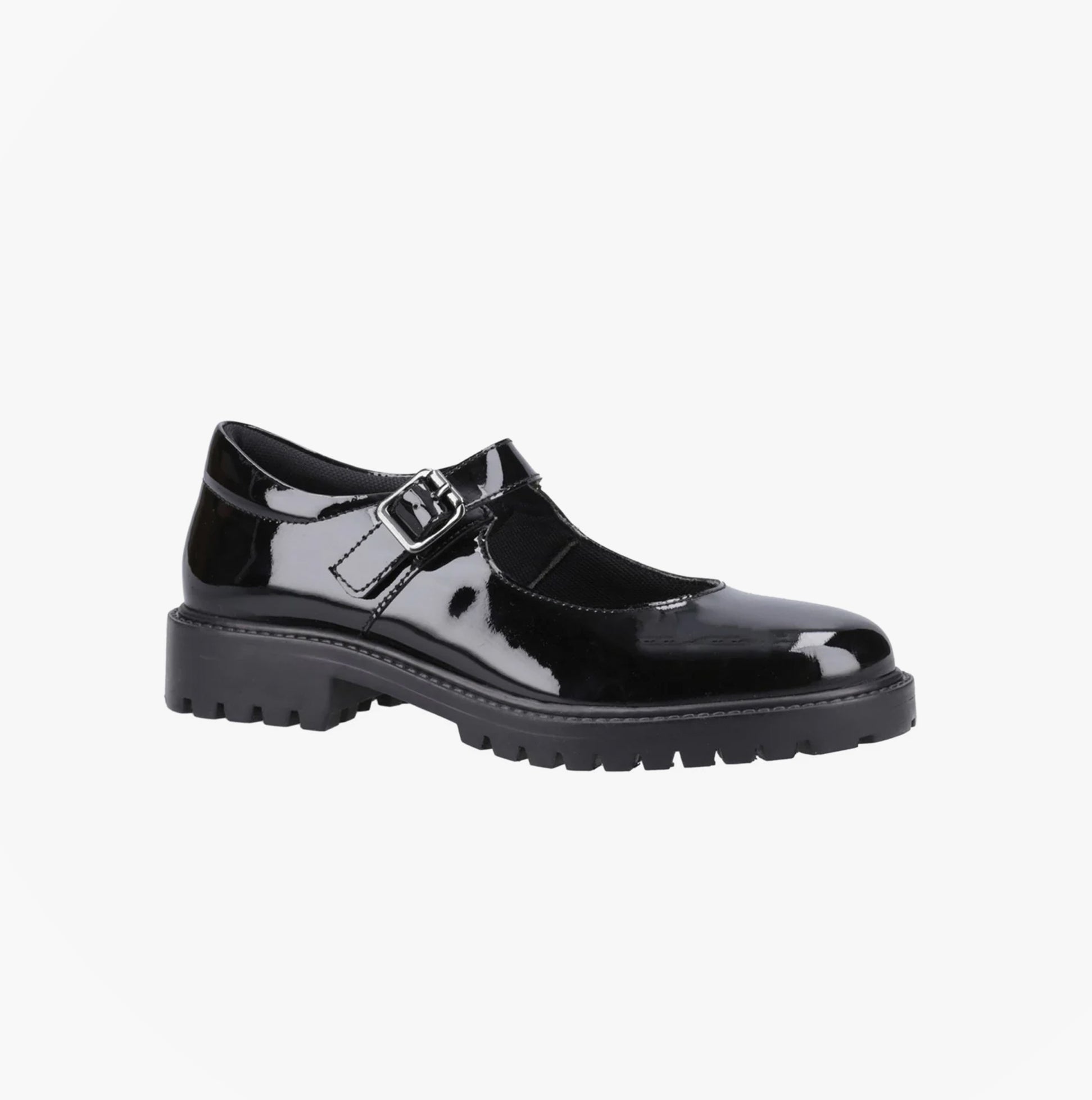 Hush Puppies AURORA Girls School Shoes Black Patent side view with buckle closure and glossy patent leather finish.