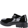 Hush Puppies AURORA Girls School Shoes Black Patent side view showcasing patent leather upper and buckle closure.