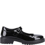 Hush Puppies AURORA Girls School Shoes Black Patent side view showcasing patent leather upper and buckle closure.