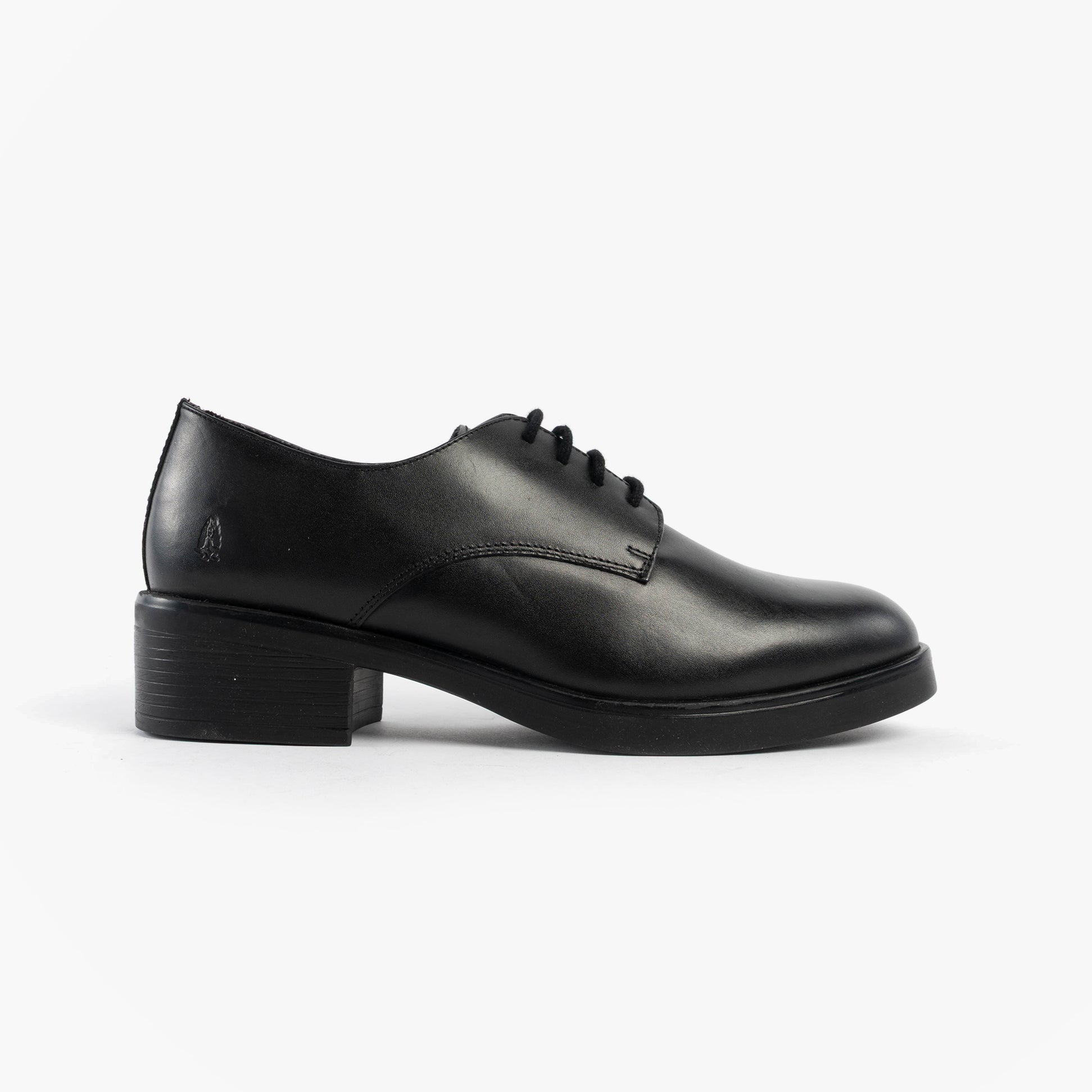 Hush Puppies ANASTASIA Girls Leather School Shoes Black side view with lace-up closure and block heel
