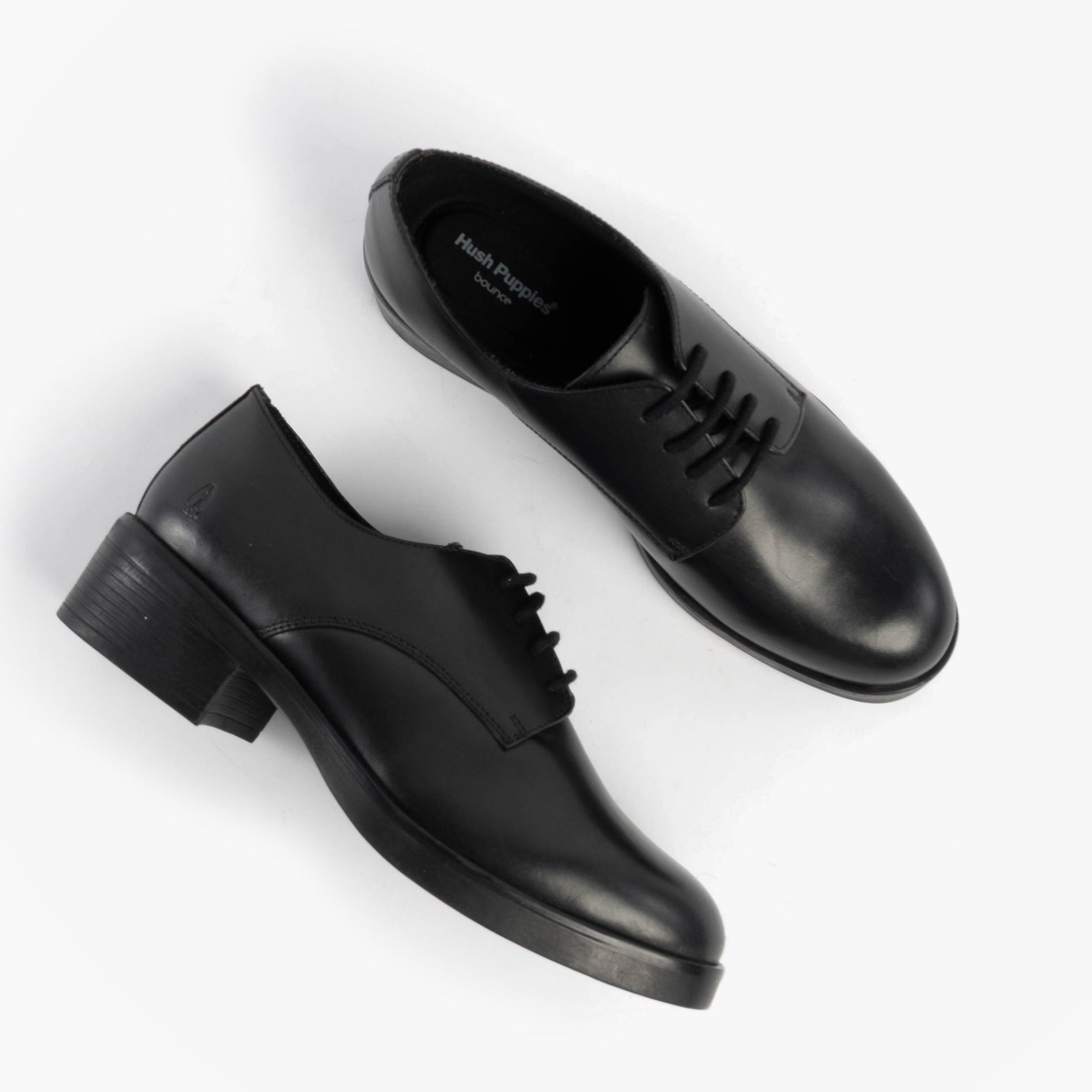 Hush Puppies ANASTASIA Girls Leather School Shoes Black top view showcasing detailed design and lace-up closure.
