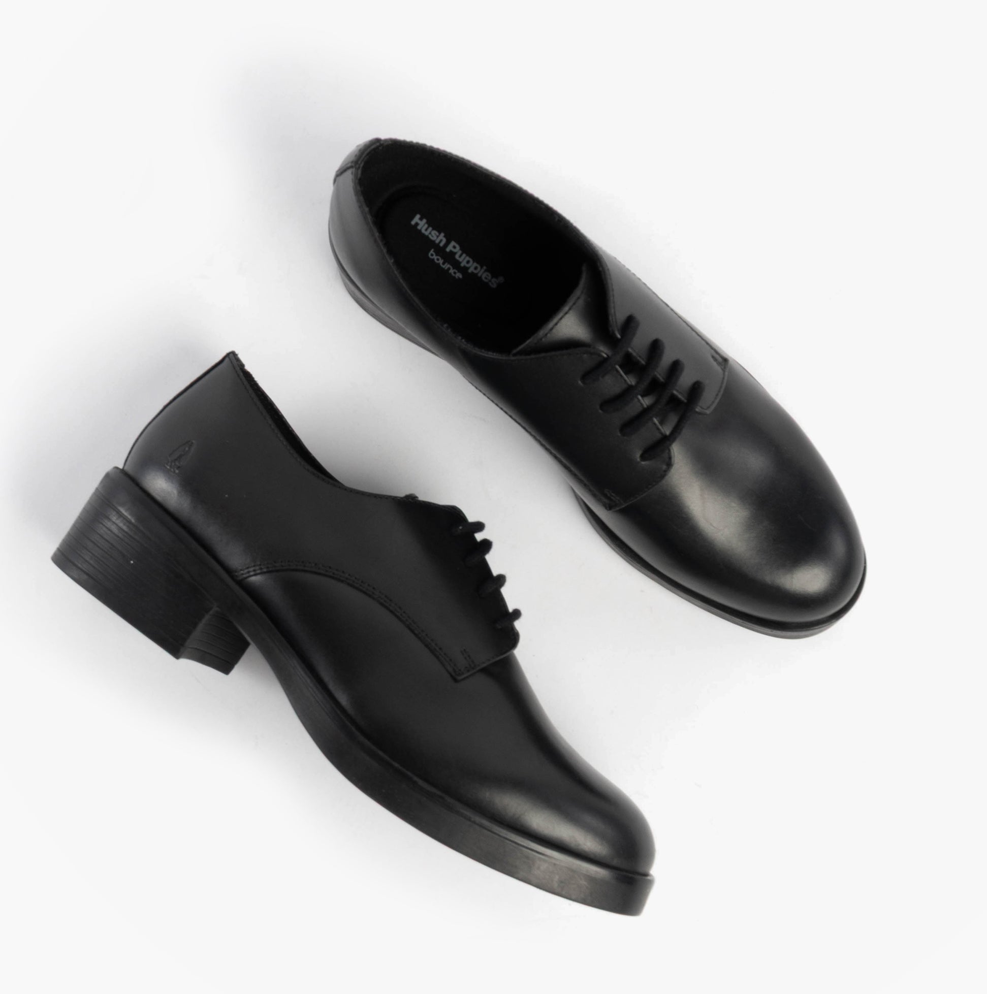 Hush Puppies ANASTASIA Girls Leather School Shoes Black top view showcasing detailed design and lace-up closure.