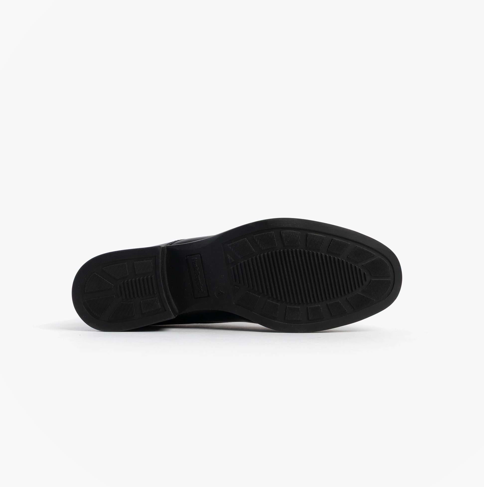 Hush Puppies ANASTASIA Girls Leather School Shoes Black bottom view showing rubber sole and detailed tread design.