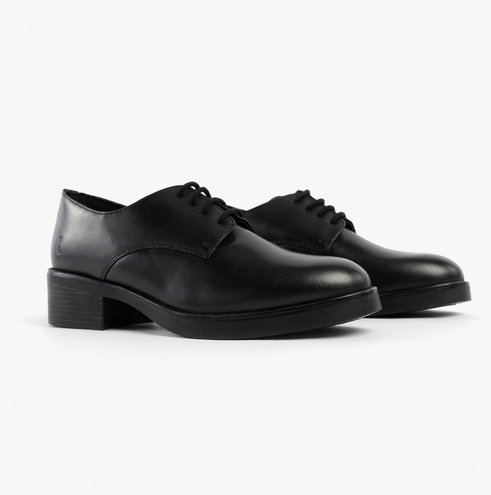 Hush Puppies ANASTASIA Girls Leather School Shoes Black side view featuring lace-up closure and block heel.