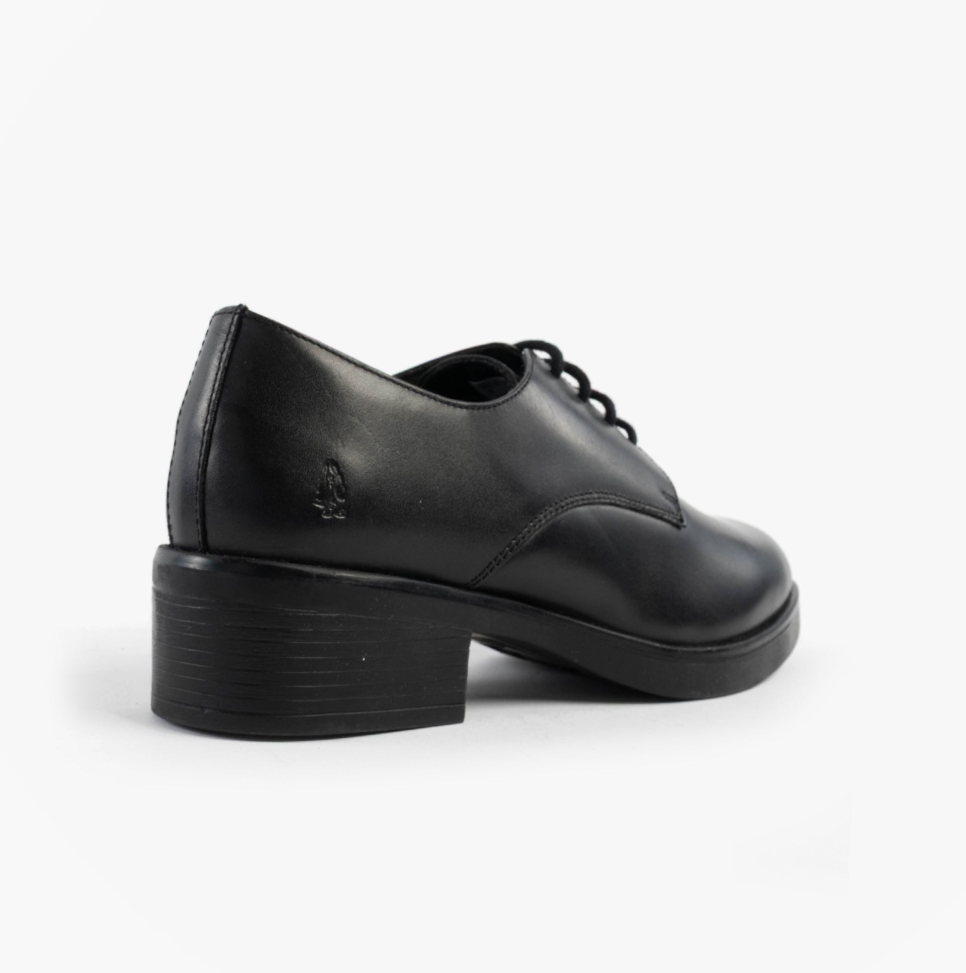 Hush Puppies ANASTASIA Girls Leather School Shoes Black back view with lace-up design and block heel.
