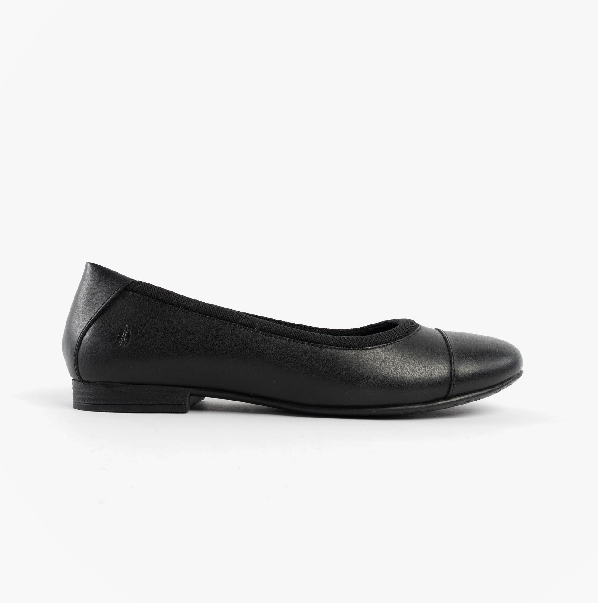 Hush Puppies EMMA Girls Leather School Shoes Black side view, showcasing the comfort and lightweight design.