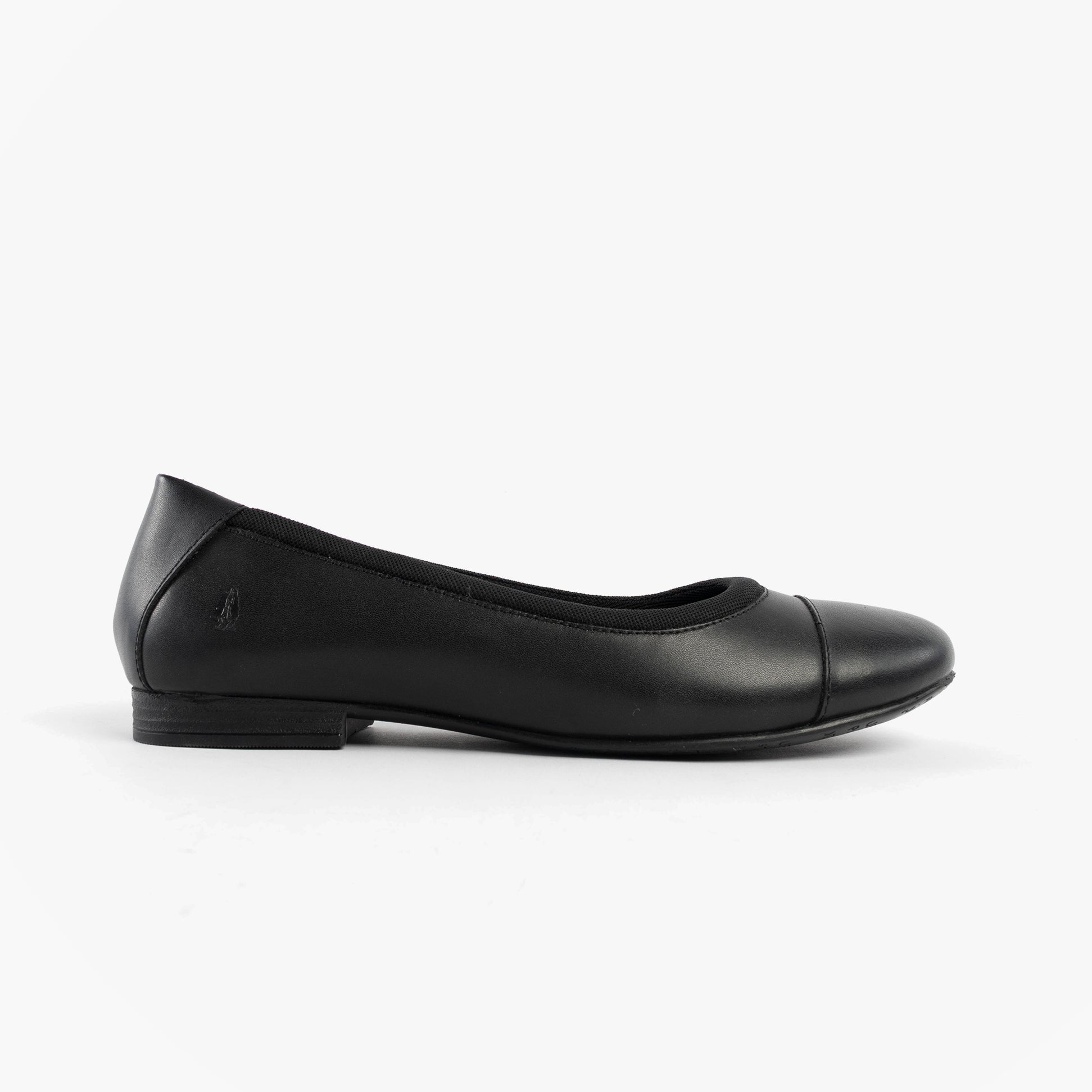 Hush Puppies EMMA SENIOR Girls Shoes Black side view, featuring leather upper, slip-on style, and round toe.