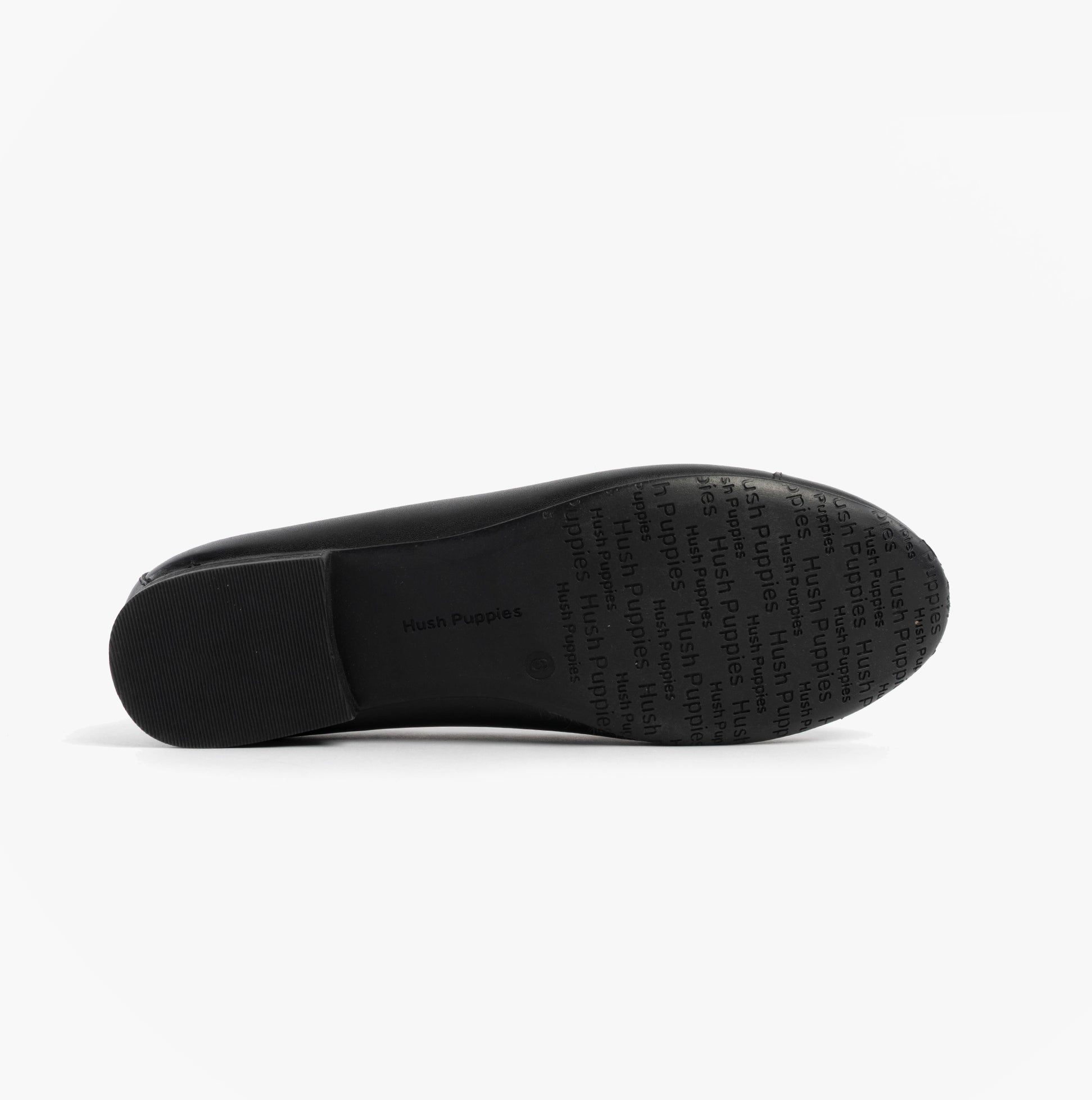 Hush Puppies EMMA Girls Leather School Shoes Black bottom view showcasing the rubber sole design.