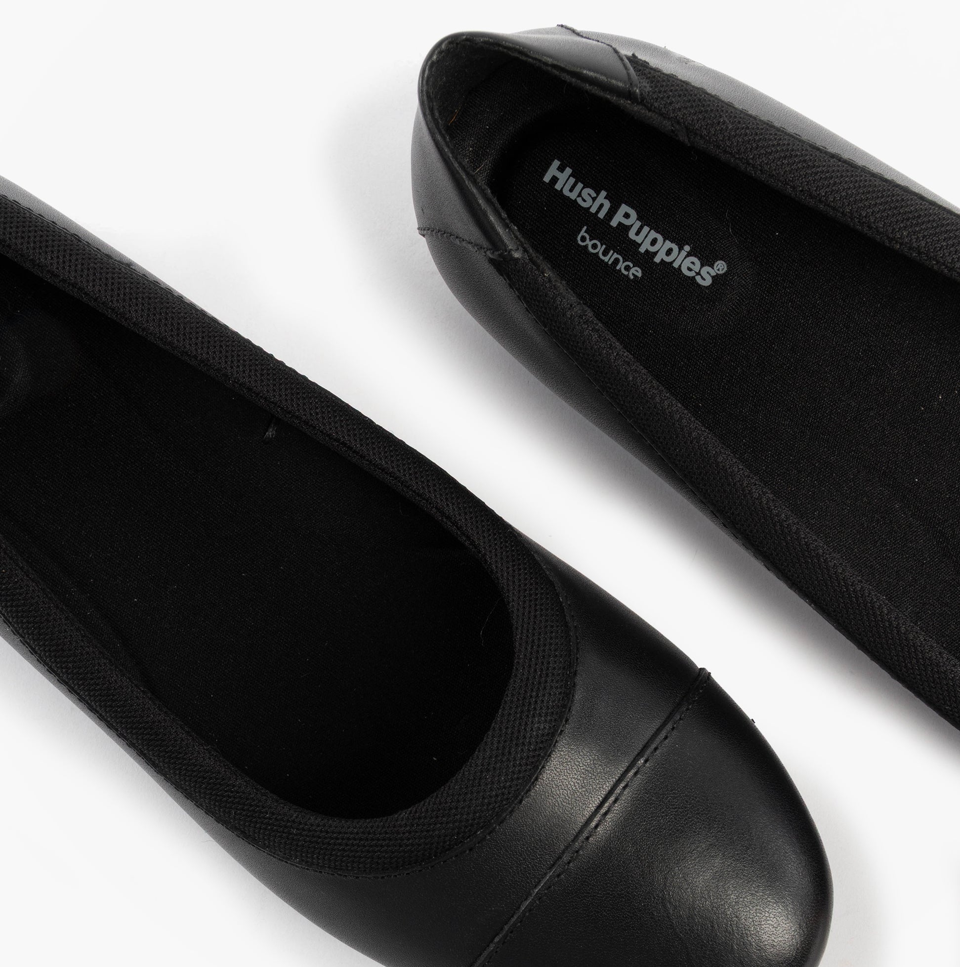 Top view of Hush Puppies EMMA Girls Leather School Shoes Black, showcasing the comfortable interior and round toe design.
