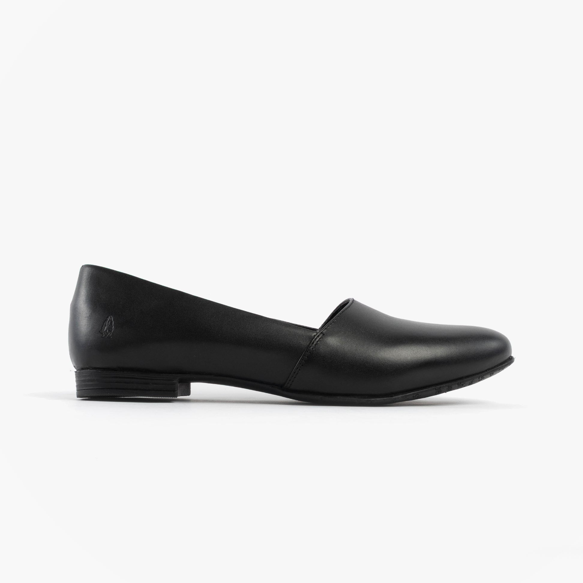 Hush Puppies LOLA Girls School Shoes Black side view showing sleek leather design and flat heel for comfort.