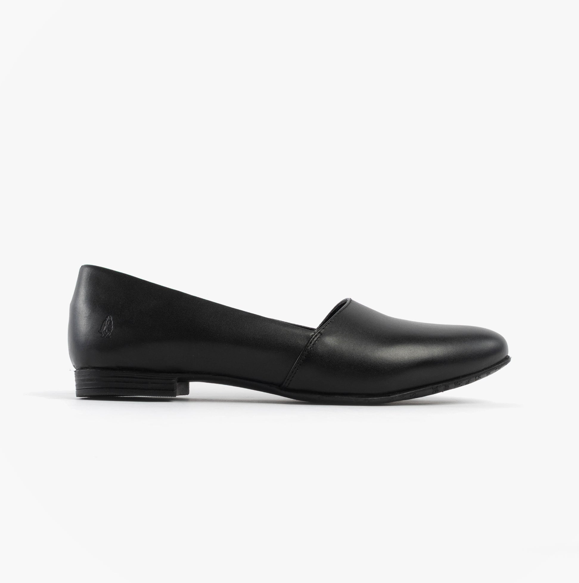 Hush Puppies LOLA Girls School Shoes Black side view showing sleek leather design and flat heel for comfort.