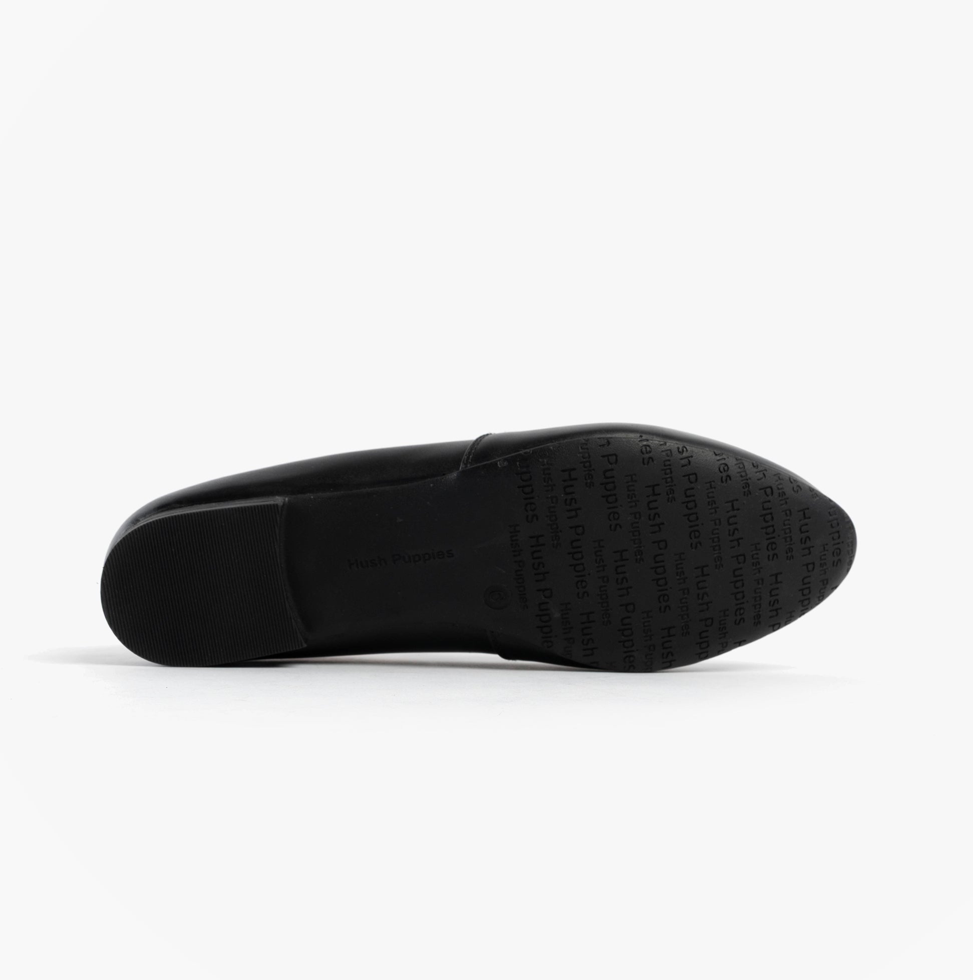 Hush Puppies LOLA Girls School Shoes Black bottom view showcasing the rubber sole and lightweight design.