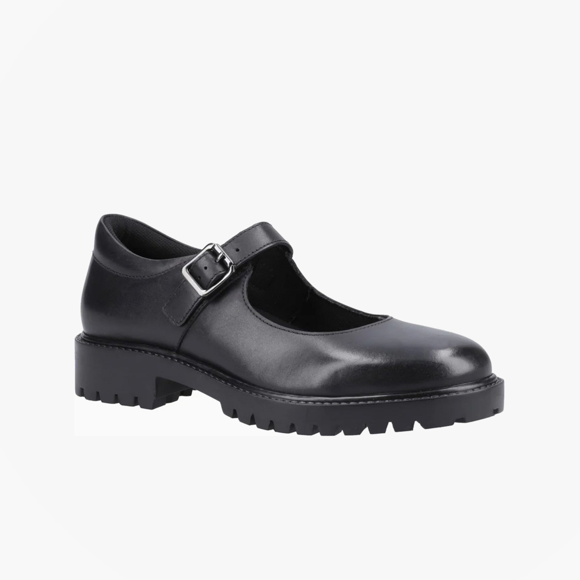 Hush Puppies AURORA Girls Leather School Shoes Black side view showing buckle closure and round toe design.
