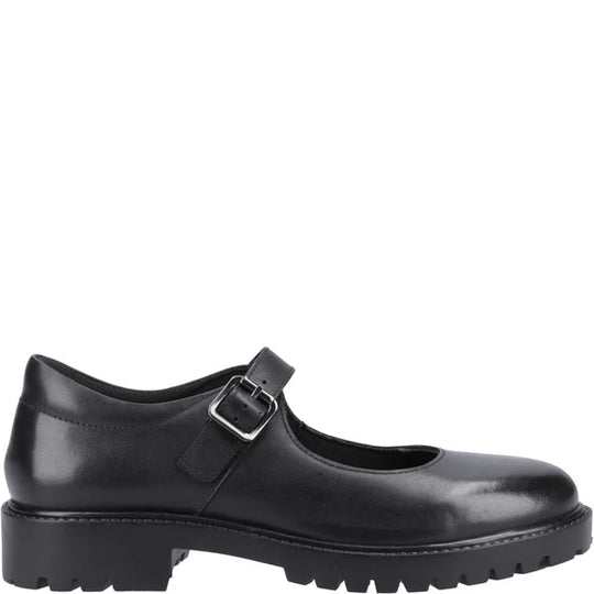 Hush Puppies AURORA Girls Leather School Shoes Black side view with buckle closure and round toe.