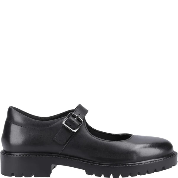 Hush Puppies AURORA Girls Leather School Shoes Black side view with buckle closure and round toe.