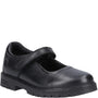 Hush Puppies TANYA Girls Leather School Shoes Black side view showing round toe and touch fasten closure.