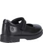Hush Puppies TANYA Girls Leather School Shoes Black side view showcasing the stylish black leather design with a touch fasten strap.