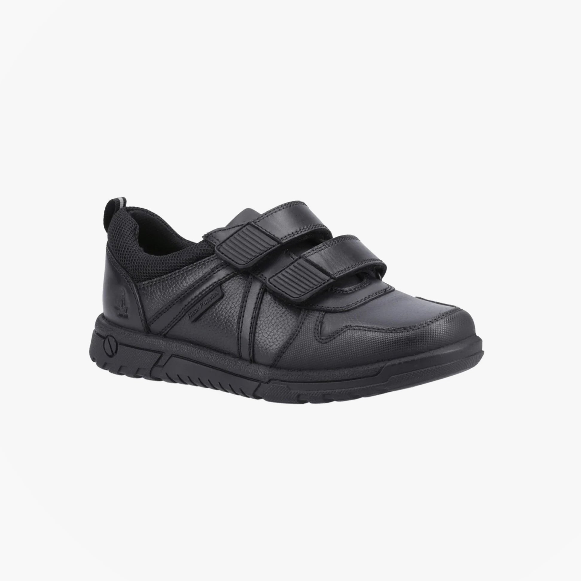 Hush Puppies SPENCER Boys Shoes Black side view showing two touch fasten straps and rubber sole.
