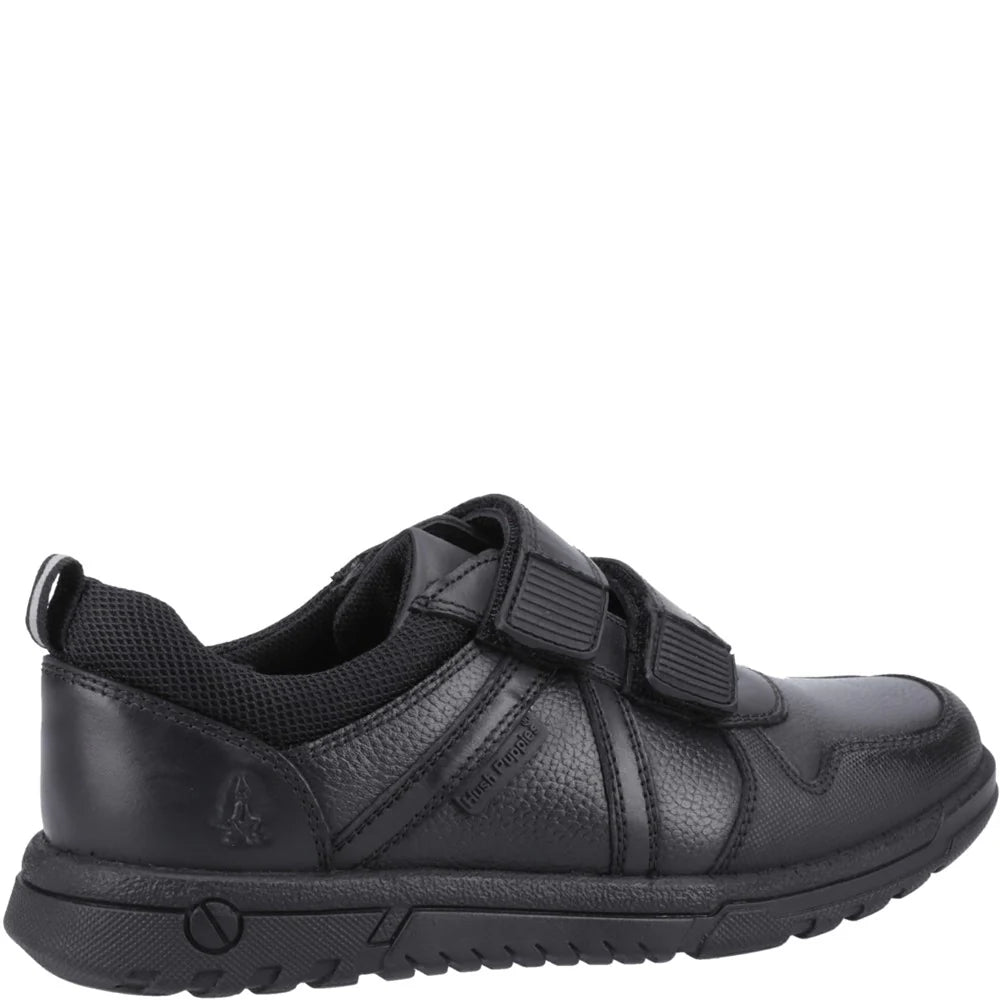 Hush Puppies SPENCER Boys Shoes Black side view showing leather upper, touch fasten straps and rubber sole.