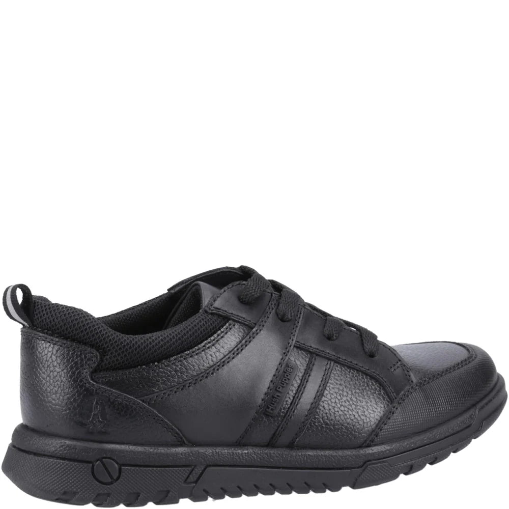 Hush Puppies STEVEN SENIOR Boys Shoes Black side view showcasing leather upper and lace-up design.