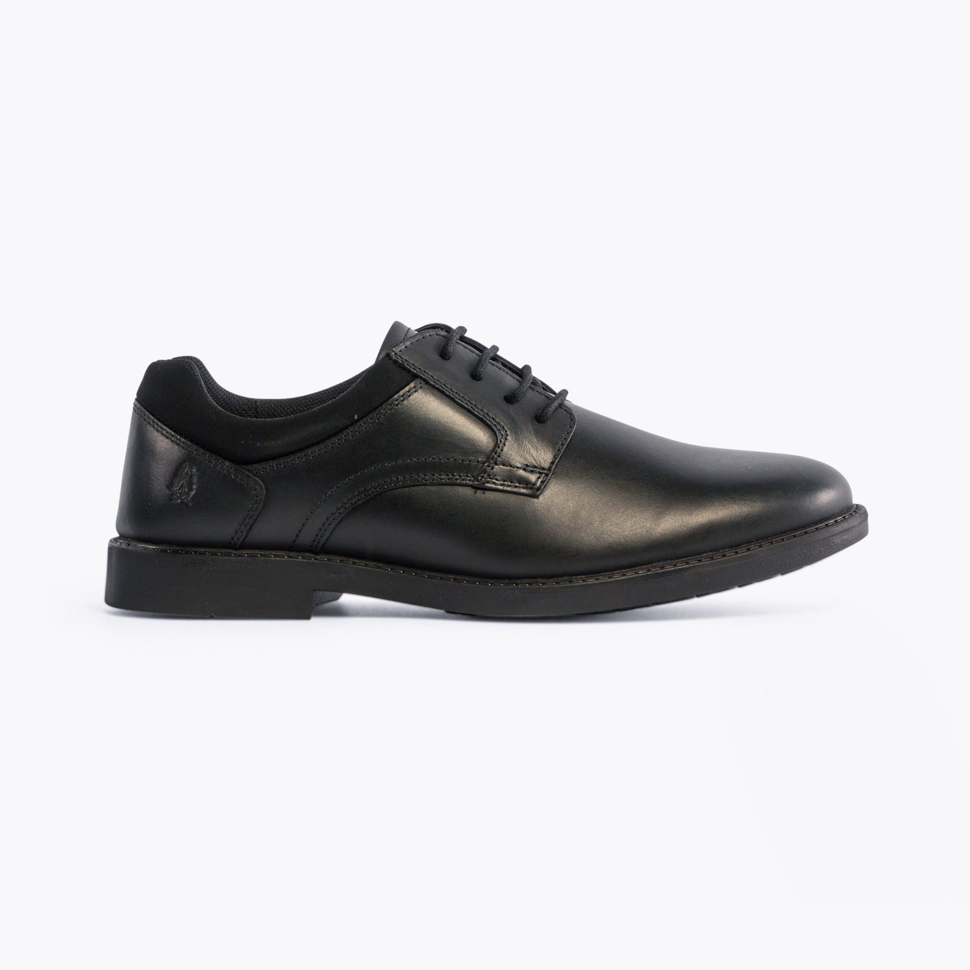 Hush Puppies TOMMY Boys Leather School Shoes Black side view showing lace-up design and low top style.