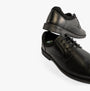 Hush Puppies TOMMY Boys Leather School Shoes Black, side view and detail view of shoes, lace-up black leather upper, low top style.