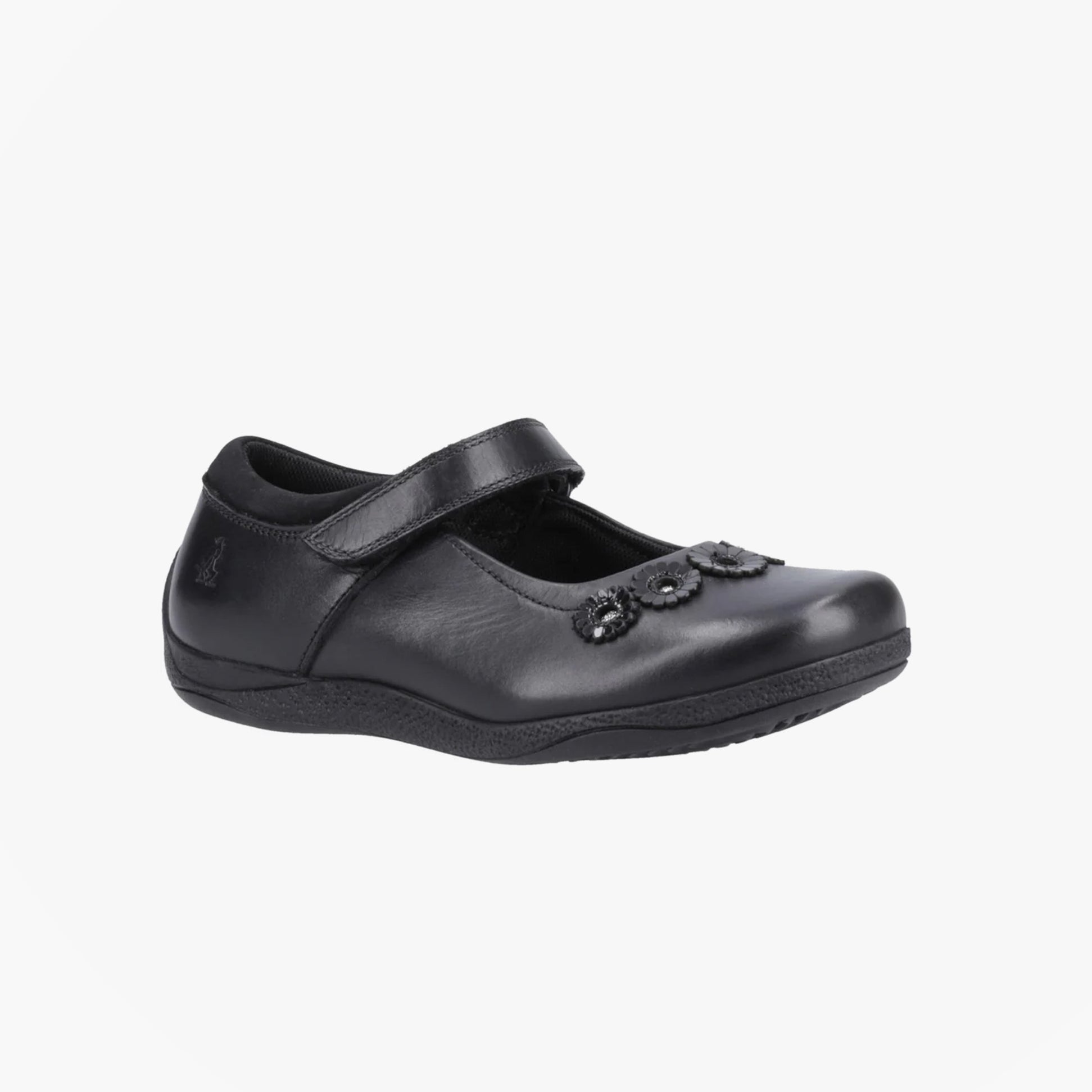 Hush Puppies CHRISTINA JUNIOR Girls Shoes Black side view with decorative flowers and touch fasten strap.