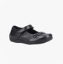 Hush Puppies CHRISTINA JUNIOR Girls Shoes Black side view with decorative flowers and touch fasten strap.