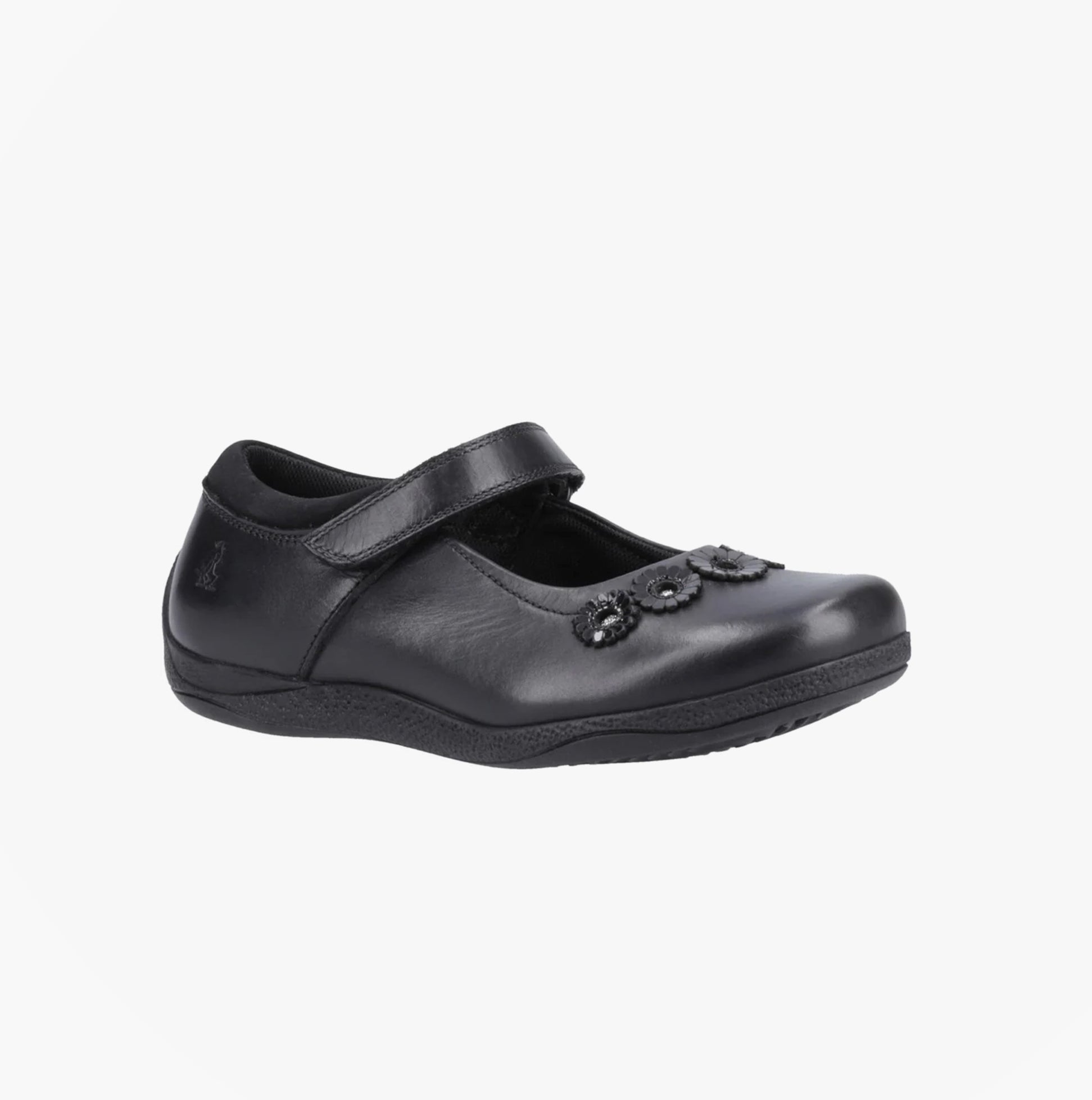 Hush Puppies CHRISTINA JUNIOR Girls Shoes Black side view with decorative flowers and touch fasten strap.
